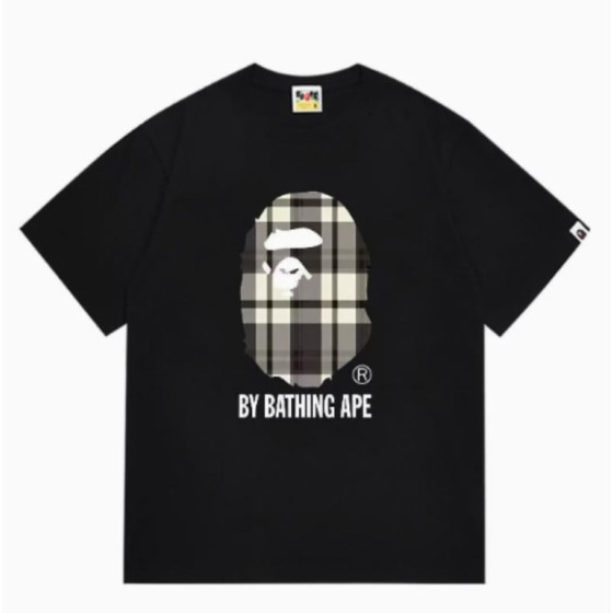 Black BAPE Plaid Pattern Ape Head T-Shirt